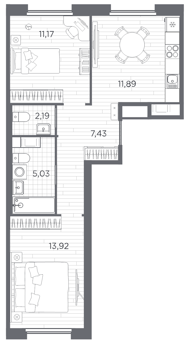 2-комнатная квартира, 51.63 м² в ЖК "PLUS Пулковский" - планировка, фото №1