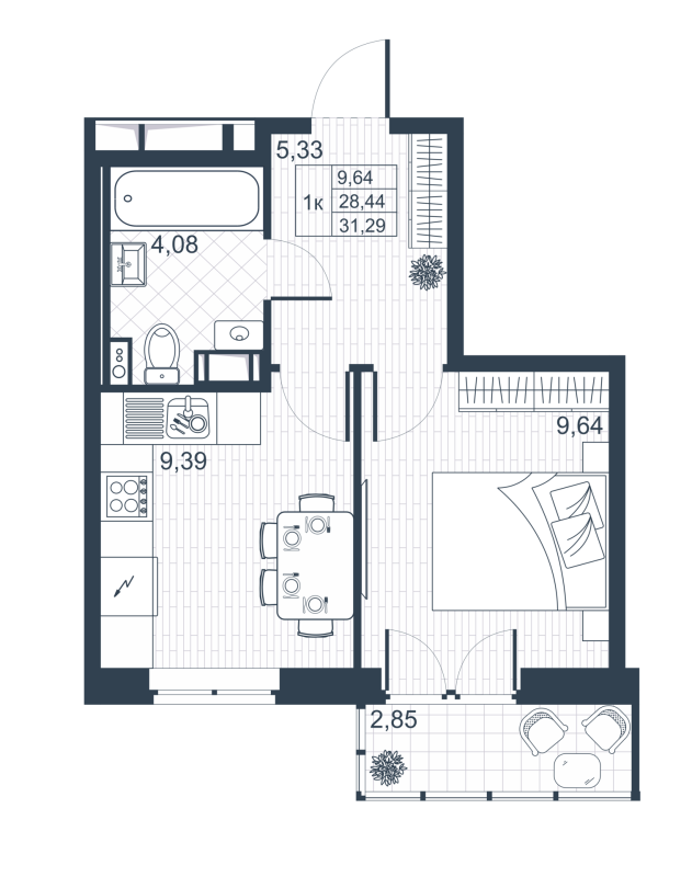 1-комнатная квартира, 29.3 м² - планировка, фото №1