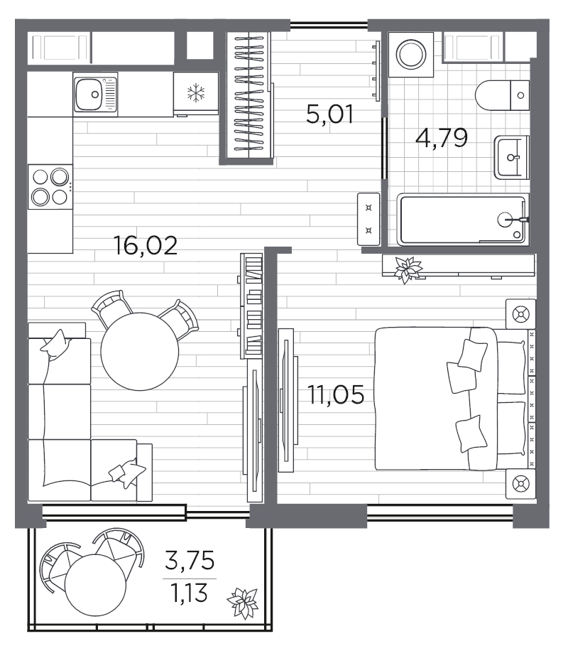 2-комнатная (Евро) квартира, 38 м² в ЖК "PLUS Пулковский" - планировка, фото №1