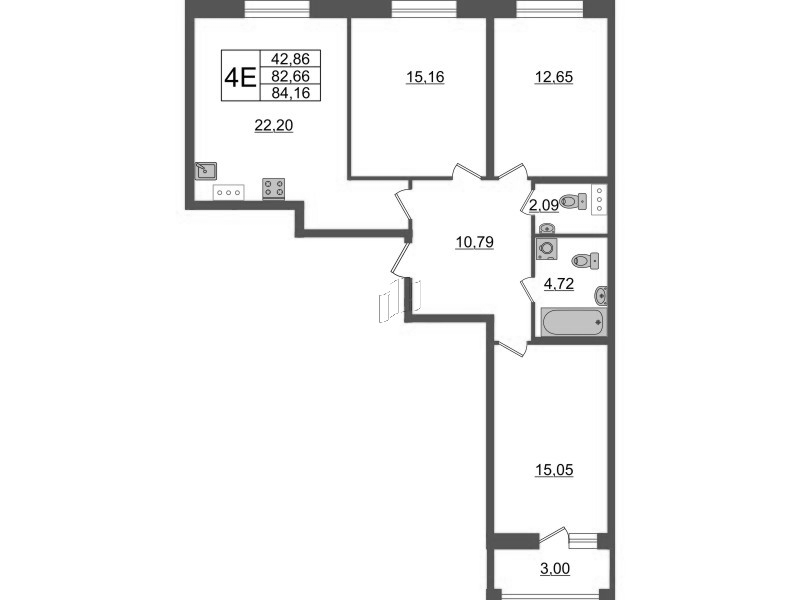 4-комнатная (Евро) квартира, 84.16 м² - планировка, фото №1 4-комнатная (Евро) квартира, 84.16 м² - планировка, фото №1