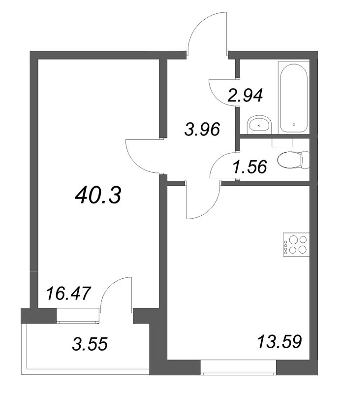 1-комнатная квартира, 40.3 м² в ЖК "АРО" - планировка, фото №1