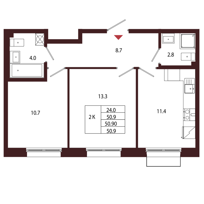 2-комнатная квартира, 50.9 м² в ЖК "Лисино" - планировка, фото №1