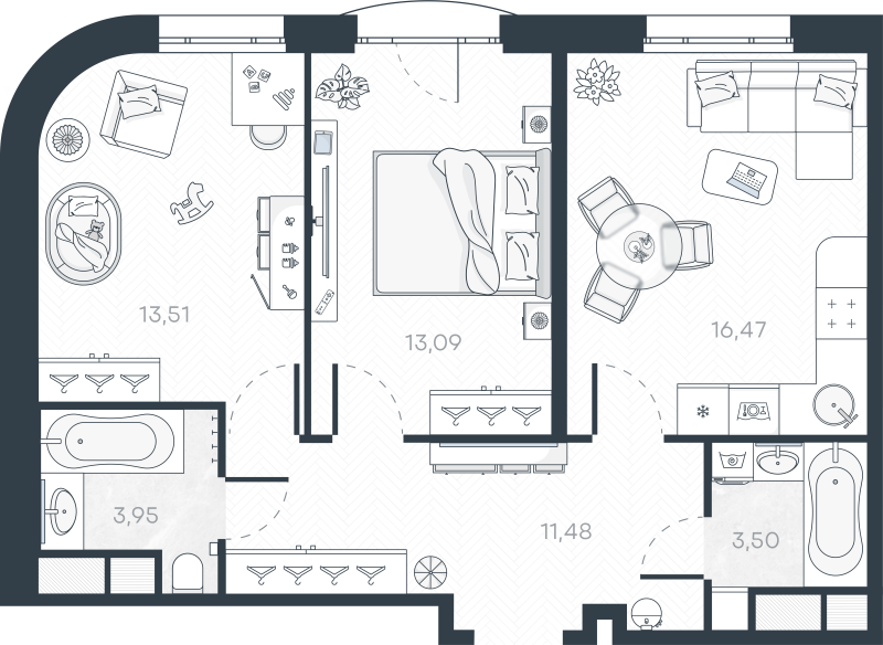 3-комнатная (Евро) квартира, 62.7 м² в ЖК "MONODOM-ART" - планировка, фото №1