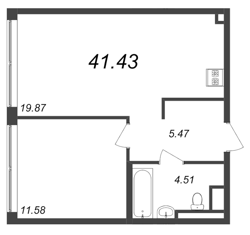 2-комнатная (Евро) квартира, 41.43 м² - планировка, фото №1