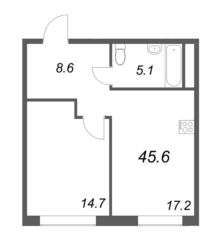 2-комнатная (Евро) квартира, 45.6 м² в ЖК "Визионер" - планировка, фото №1