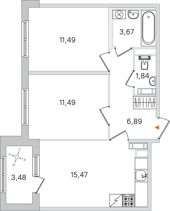 3-комнатная (Евро) квартира, 50.85 м² в ЖК "Дубровский" - планировка, фото №1