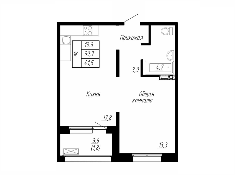 2-комнатная (Евро) квартира, 41.5 м² в ЖК "Сибирь" - планировка, фото №1