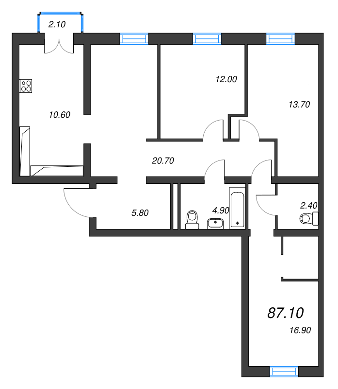 4-комнатная квартира, 88.1 м² в ЖК "Аура" - планировка, фото №1