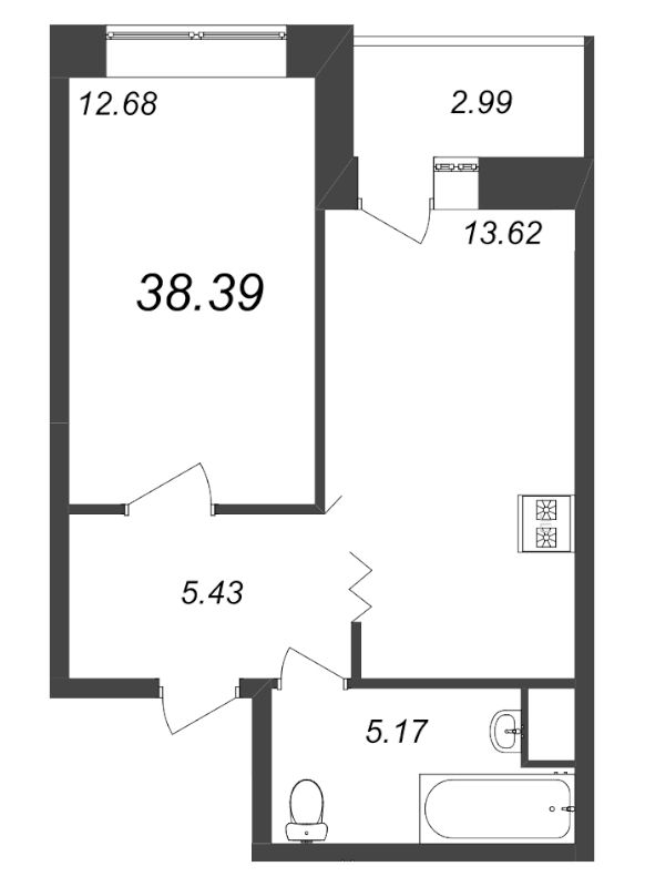 1-комнатная квартира, 38.4 м² - планировка, фото №1