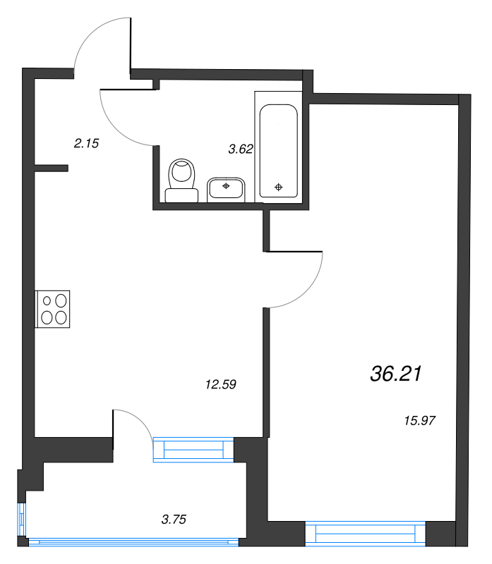 1-комнатная квартира, 36.21 м² - планировка, фото №1