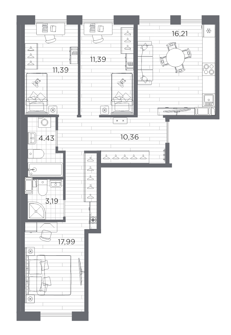 4-комнатная (Евро) квартира, 74.96 м² в ЖК "Сезоны" - планировка, фото №1