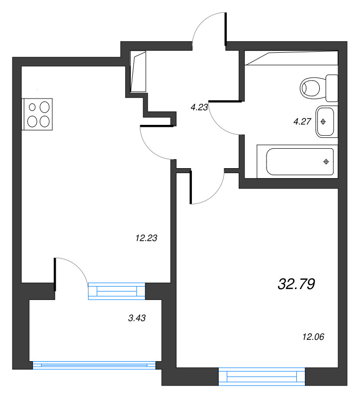 1-комнатная квартира, 32.79 м² - планировка, фото №1