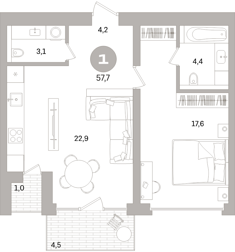 2-комнатная (Евро) квартира, 57.7 м² - планировка, фото №1