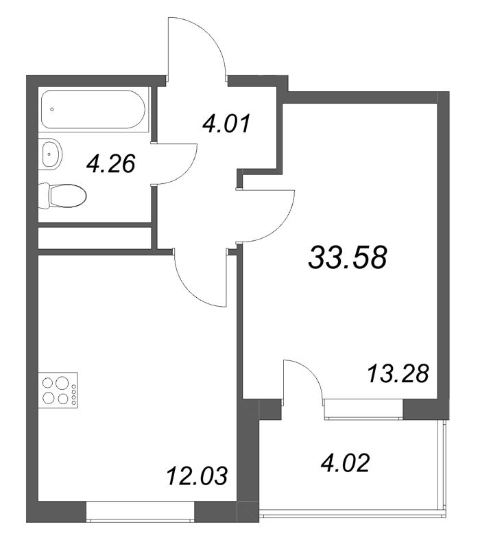 1-комнатная квартира, 33.58 м² в ЖК "ЮгТаун" - планировка, фото №1