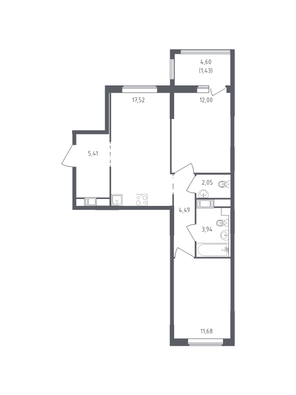 3-комнатная (Евро) квартира, 58.52 м² - планировка, фото №1