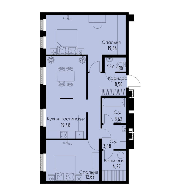 2-комнатная квартира, 73.51 м² - планировка, фото №1