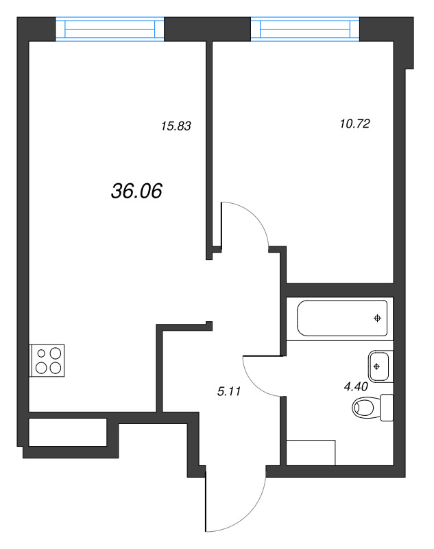 2-комнатная (Евро) квартира, 36.06 м² - планировка, фото №1