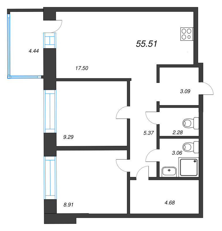 3-комнатная (Евро) квартира, 55.51 м² в ЖК "Уютный" - планировка, фото №1