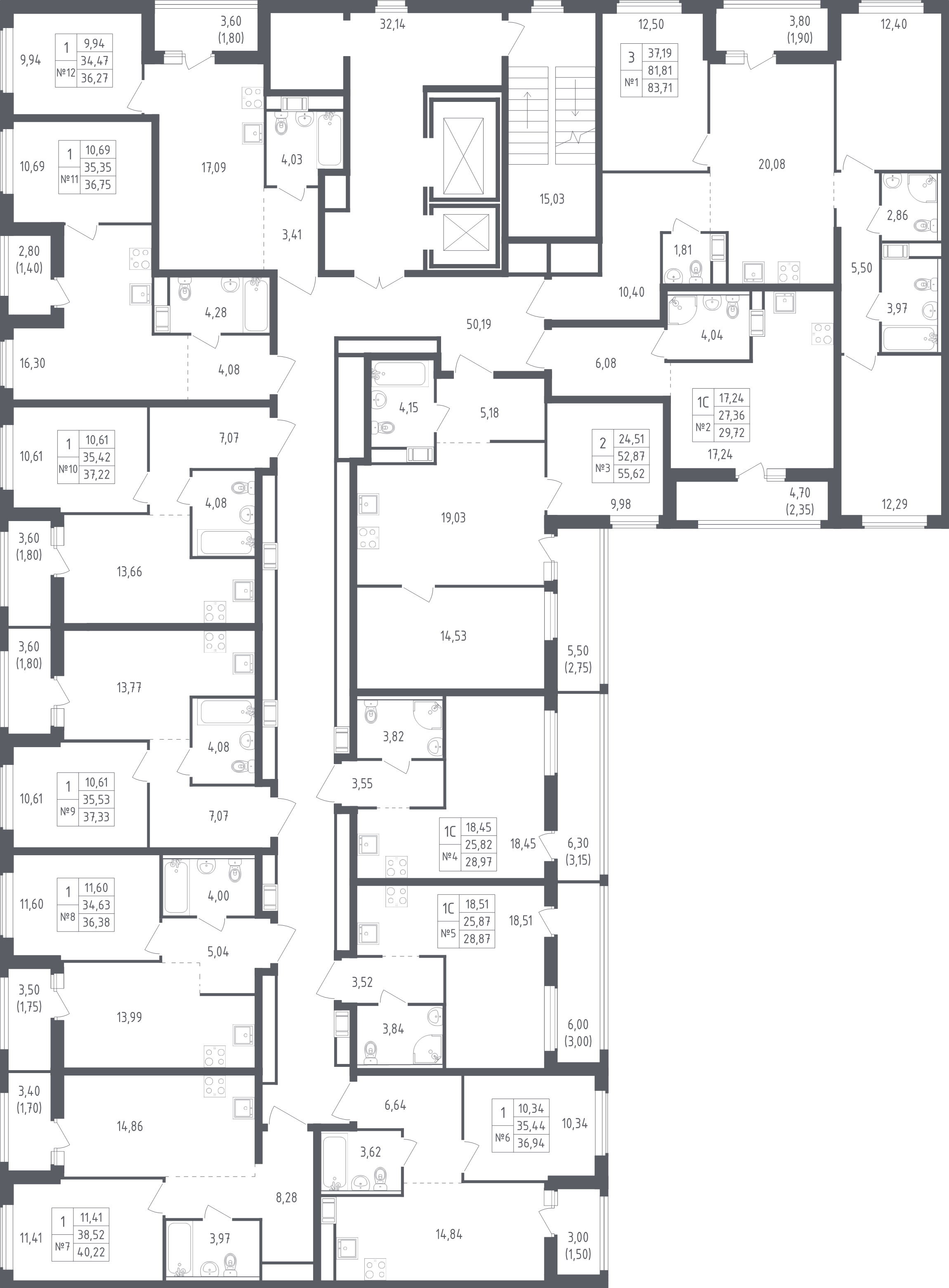 2-комнатная (Евро) квартира, 36.27 м² в ЖК "Южная Нева" - планировка этажа