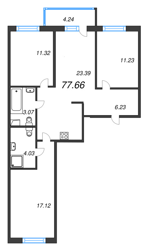 4-комнатная (Евро) квартира, 77.66 м² в ЖК "Окла" - планировка, фото №1