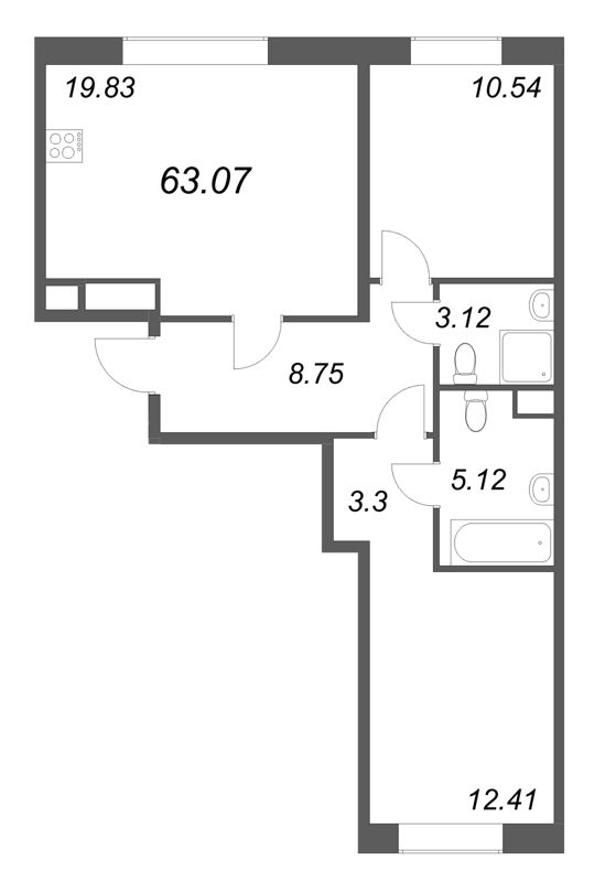 3-комнатная (Евро) квартира, 63.07 м² в ЖК "Соло. Петергоф" - планировка, фото №1