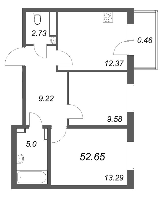 2-комнатная квартира, 52.65 м² в ЖК "Новая история" - планировка, фото №1