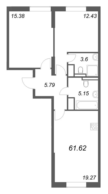 3-комнатная (Евро) квартира, 61.62 м² в ЖК "Цивилизация на неве" - планировка, фото №1