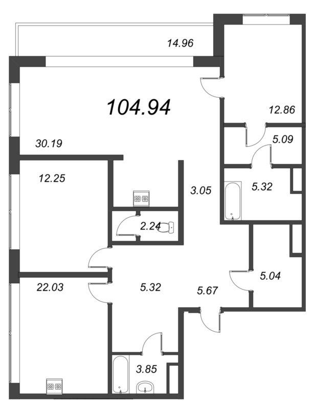 4-комнатная (Евро) квартира, 104.8 м² в ЖК "Малоохтинский, 68" - планировка, фото №1