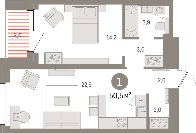 2-комнатная (Евро) квартира, 50.5 м² в ЖК "Северный ветер" - планировка, фото №1