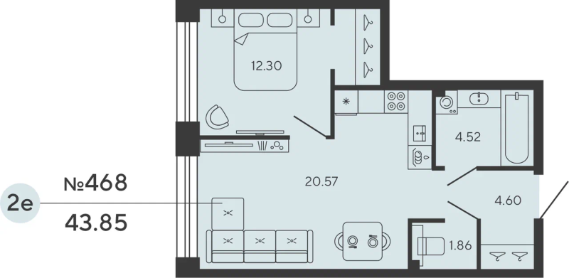 2-комнатная (Евро) квартира, 43.85 м² - планировка, фото №1