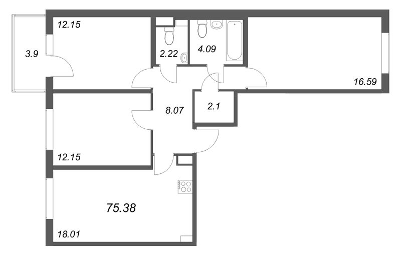 4-комнатная (Евро) квартира, 75.38 м² - планировка, фото №1