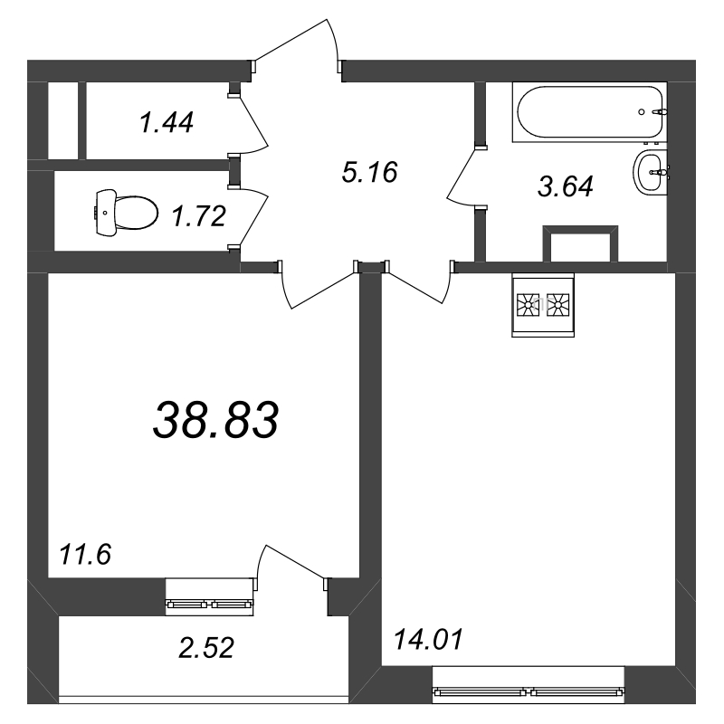 1-комнатная квартира, 38.83 м² - планировка, фото №1