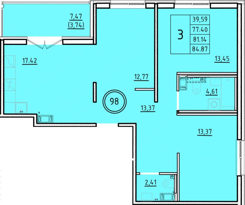 4-комнатная (Евро) квартира, 77.4 м² в ЖК "Образцовый квартал 16" - планировка, фото №1