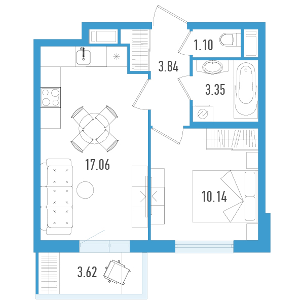 2-комнатная (Евро) квартира, 36.58 м² в ЖК "AEROCITY" - планировка, фото №1