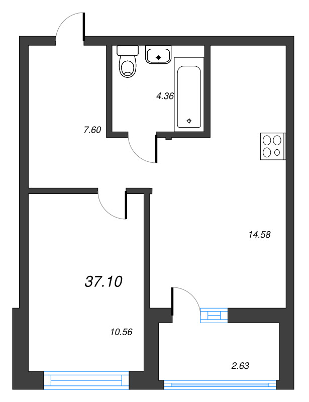 2-комнатная (Евро) квартира, 37.1 м² - планировка, фото №1