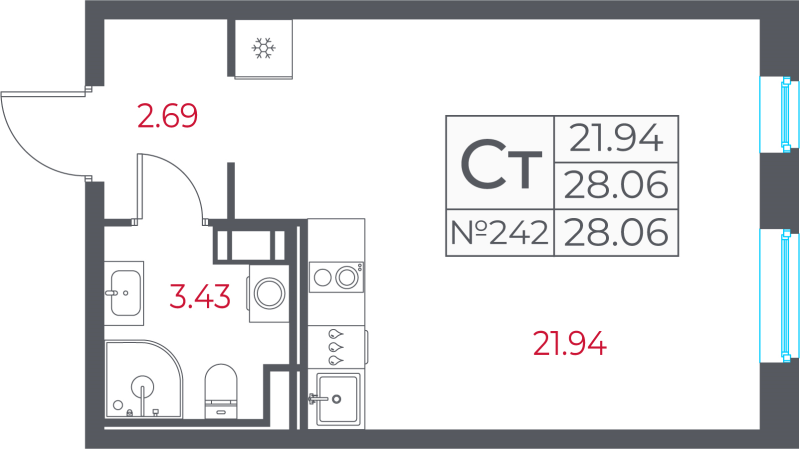 Квартира-студия, 28.06 м² в ЖК "Город-спутник Южный" - планировка, фото №1