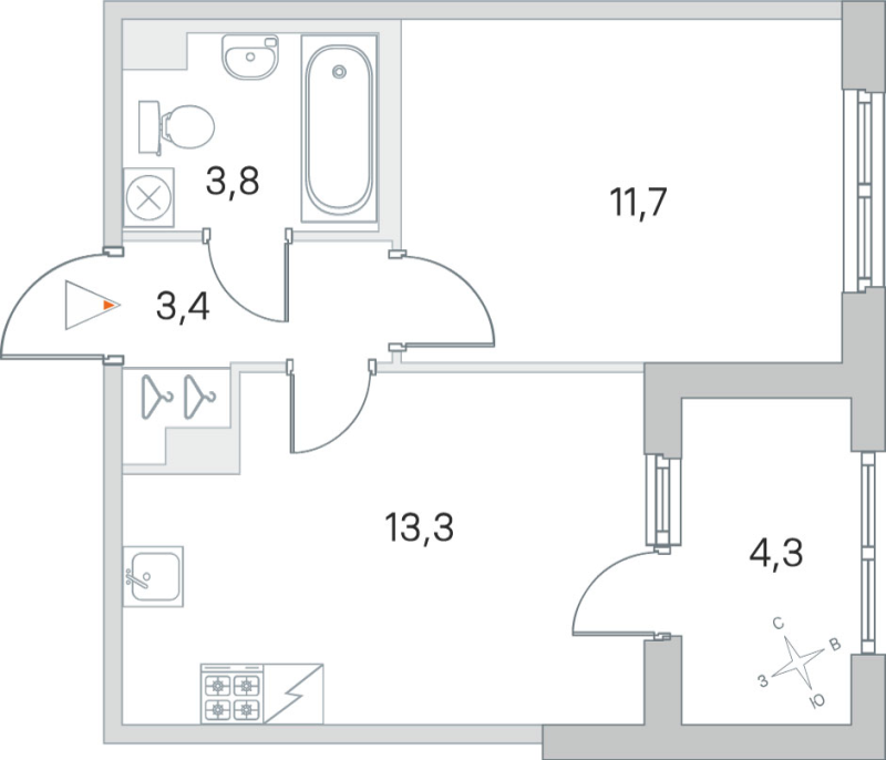 1-комнатная квартира, 32.2 м² в ЖК "ЮгТаун" - планировка, фото №1