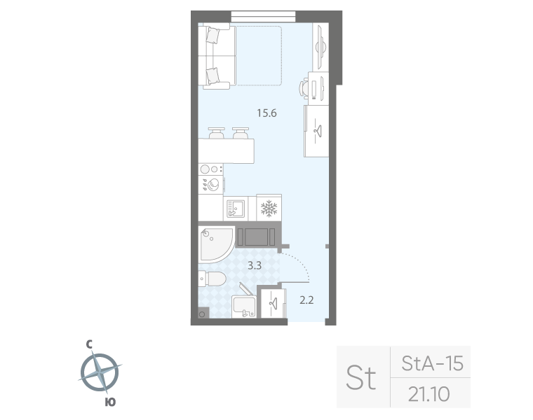 Квартира-студия, 21.1 м² в ЖК "Дыбенко Парк" - планировка, фото №1