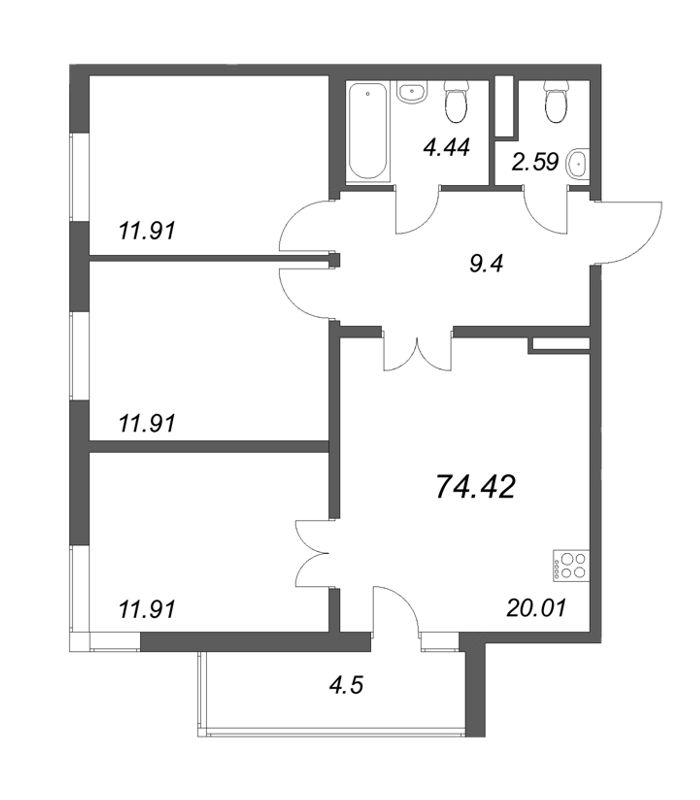 4-комнатная (Евро) квартира, 74.42 м² в ЖК "Новая история" - планировка, фото №1