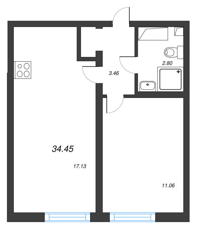 2-комнатная (Евро) квартира, 34.45 м² в ЖК "Морская миля" - планировка, фото №1