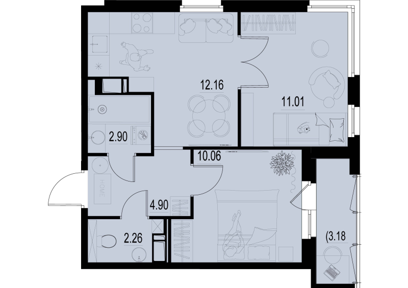 2-комнатная квартира, 44.88 м² - планировка, фото №1
