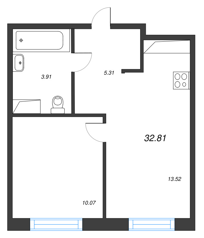 1-комнатная квартира, 32.81 м² в ЖК "OKLA" - планировка, фото №1