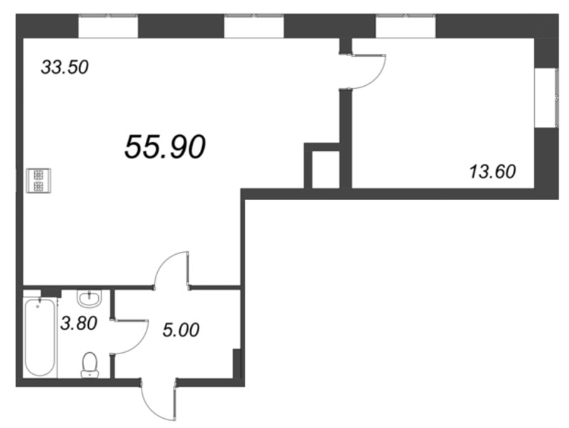 2-комнатная (Евро) квартира, 55.9 м² - планировка, фото №1
