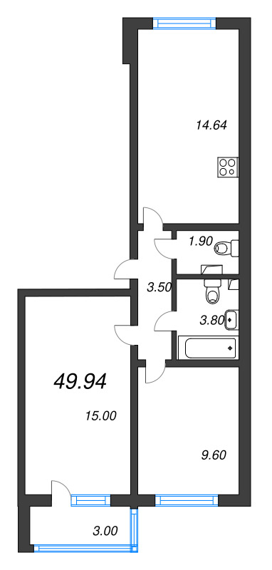 2-комнатная квартира, 49.94 м² в ЖК "Ручьи" - планировка, фото №1