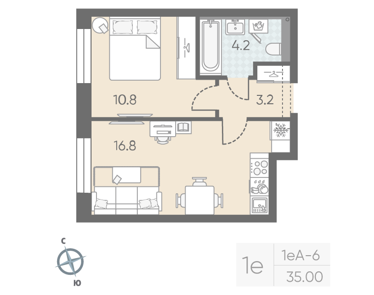 2-комнатная (Евро) квартира, 35 м² в ЖК "Большая Охта" - планировка, фото №1