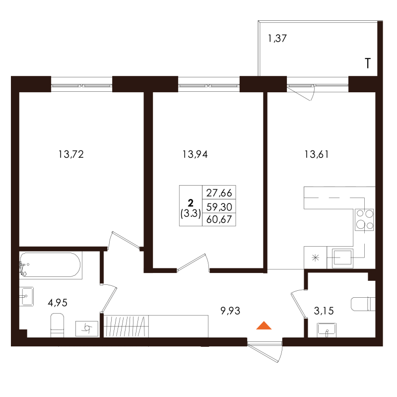 2-комнатная квартира, 60.67 м² - планировка, фото №1