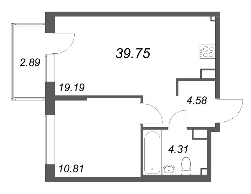 2-комнатная (Евро) квартира, 39.75 м² в ЖК "Охтинские высоты" - планировка, фото №1
