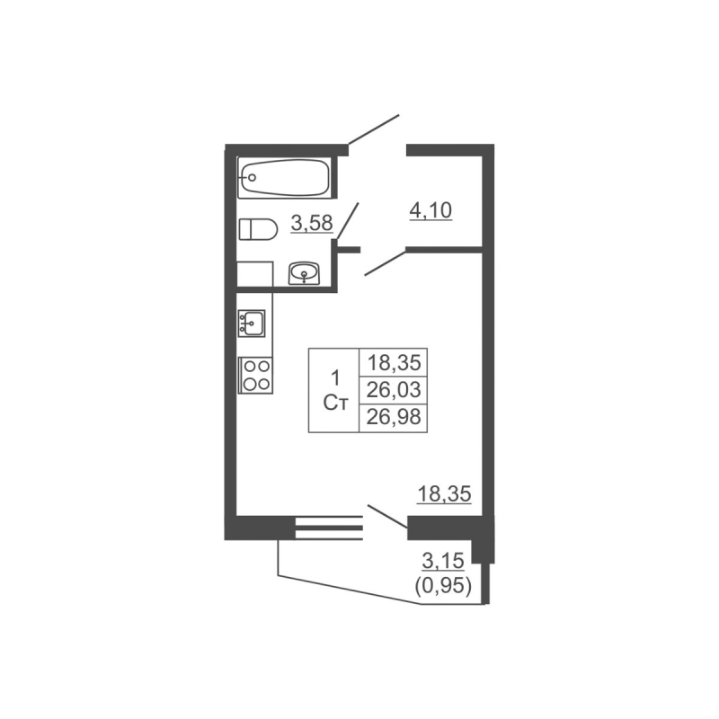 Квартира-студия, 26.98 м² в ЖК "Тандем" - планировка, фото №1