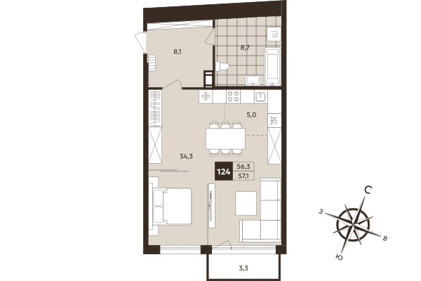 Квартира-студия, 56.1 м² в ЖК "Дом на Бронницкой" - планировка, фото №1
