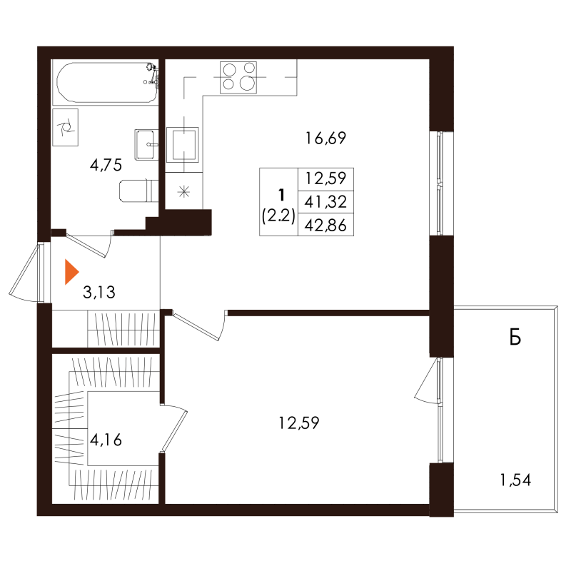 2-комнатная (Евро) квартира, 42.86 м² - планировка, фото №1